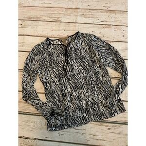 I.E. Relaxed Womens Small Mesh Top Black White Abstract Dot Long Sleeve Tie Neck